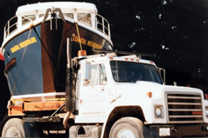 Coastal Messenger on trailer ready for launching.